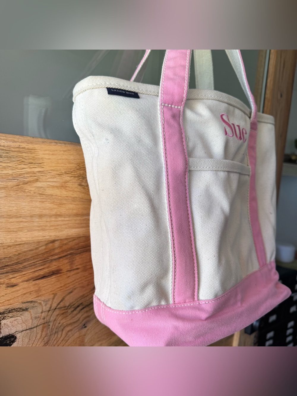 Lands’ End Canvas Tote Bag Pink & Natural Monogrammed “Sue” Medium Open Top Boat - Picture 5 of 13